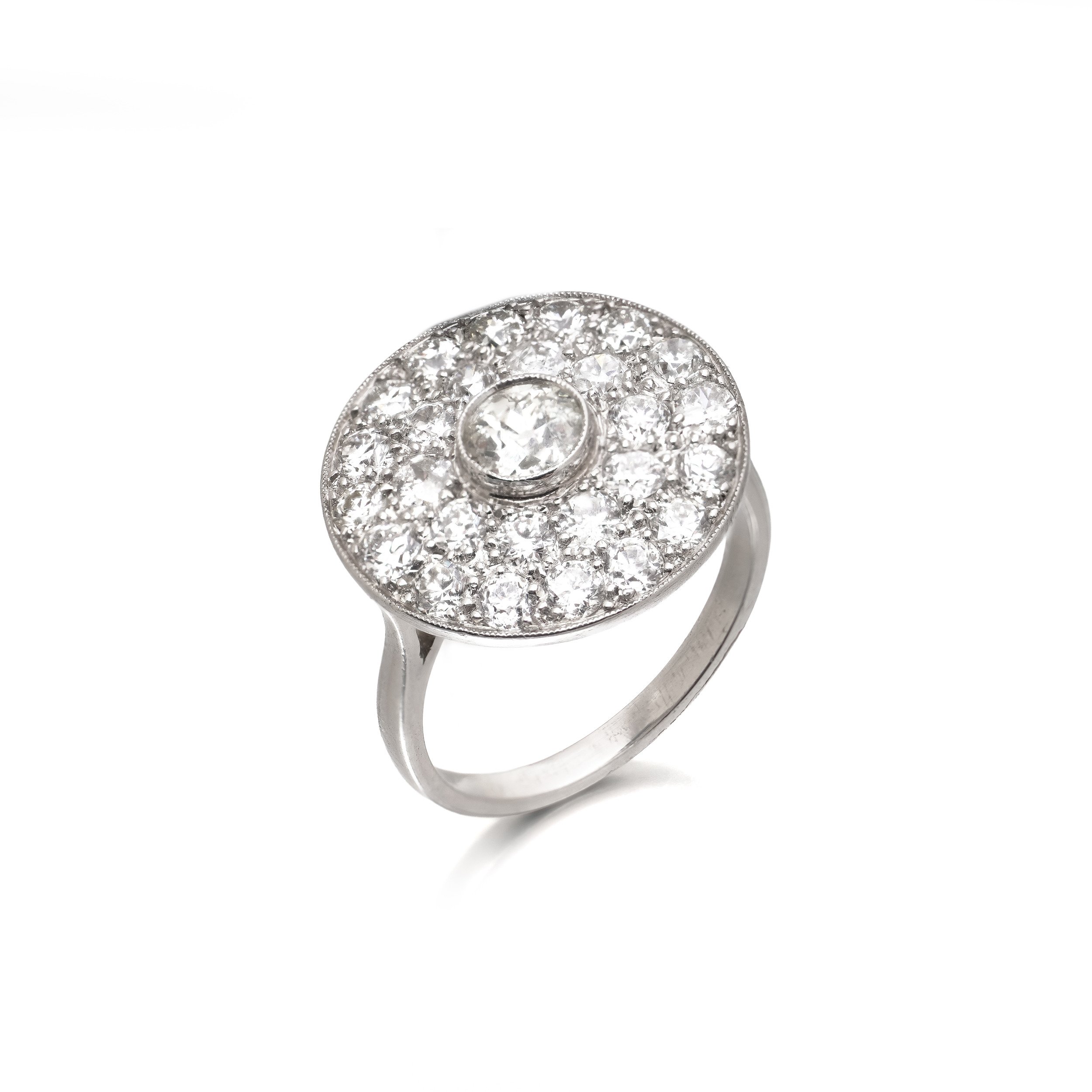 Art Deco Platinum Diamond Target Cluster Ring, Old European Cut, 2.32 Carats