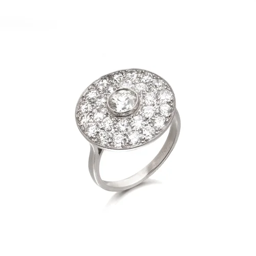 Art Deco Platinum Diamond Target Cluster Ring, Old European Cut, 2.32 Carats