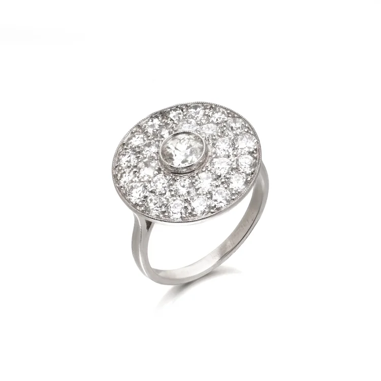 Art Deco Platinum Diamond Target Cluster Ring, Old European Cut, 2.32 Carats