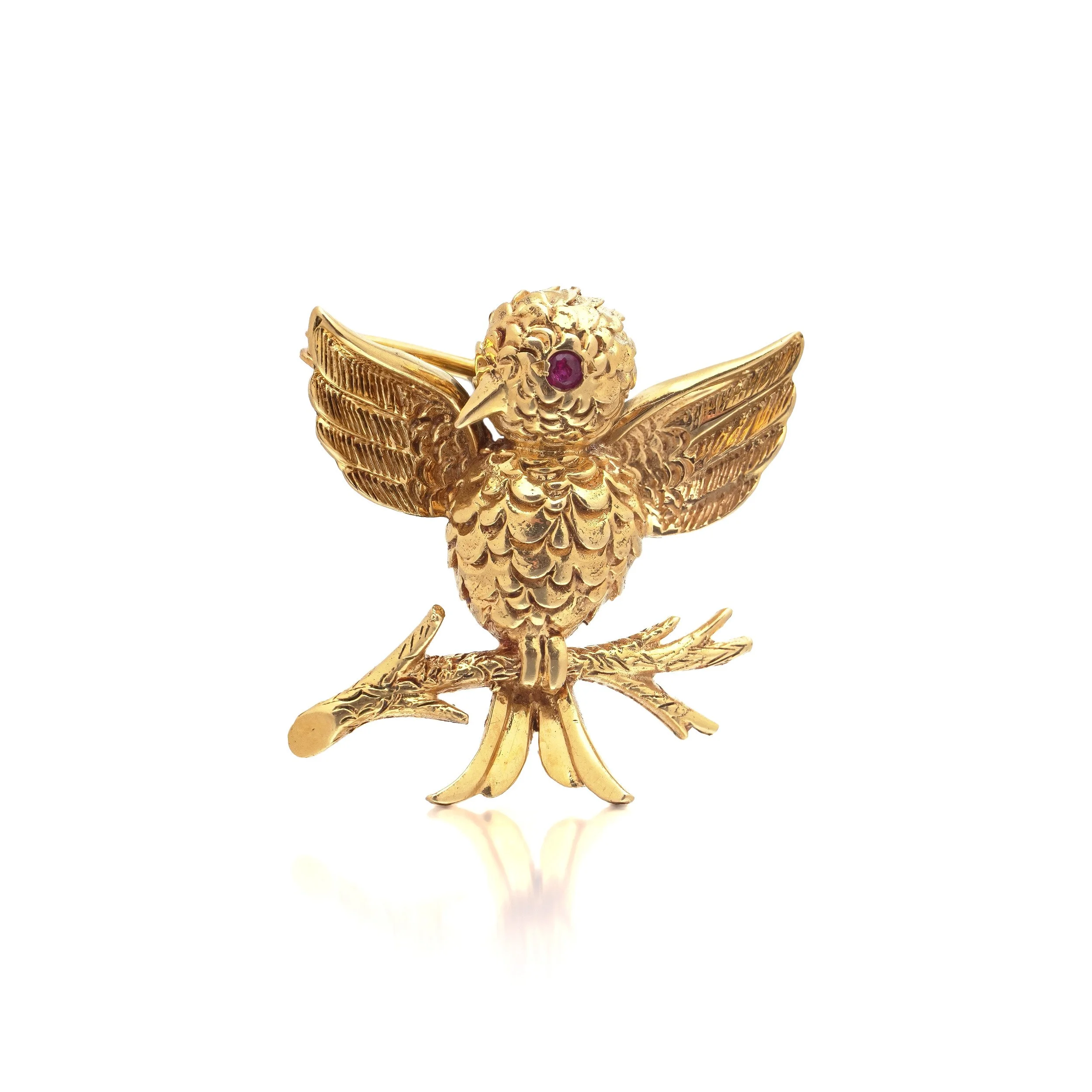 Boucheron Paris 18KT Gold Bird Brooch with Ruby Eye, Signed and Numbered