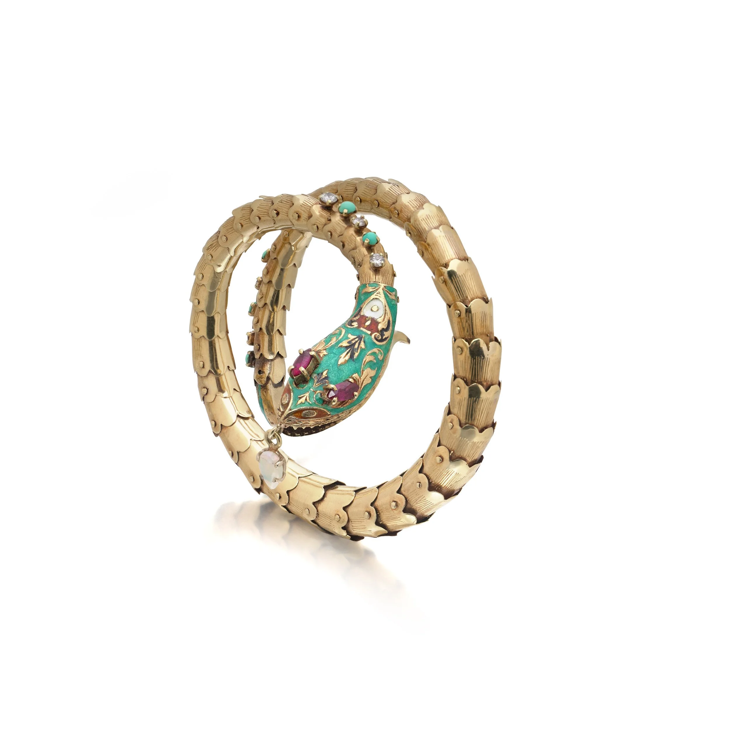 Vintage 14KT Gold Serpent Bracelet, Turquoise Enamel, Ruby, Opal and Diamond