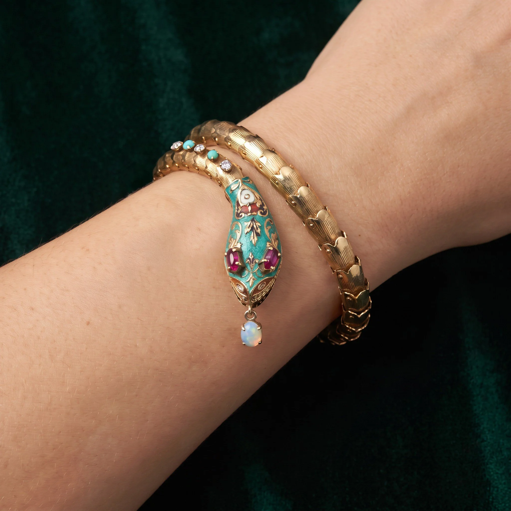 Vintage-14KT-Gold-Serpent-Bracelet-Opal-and-Diamond-08-worn-on-wrist.jpg