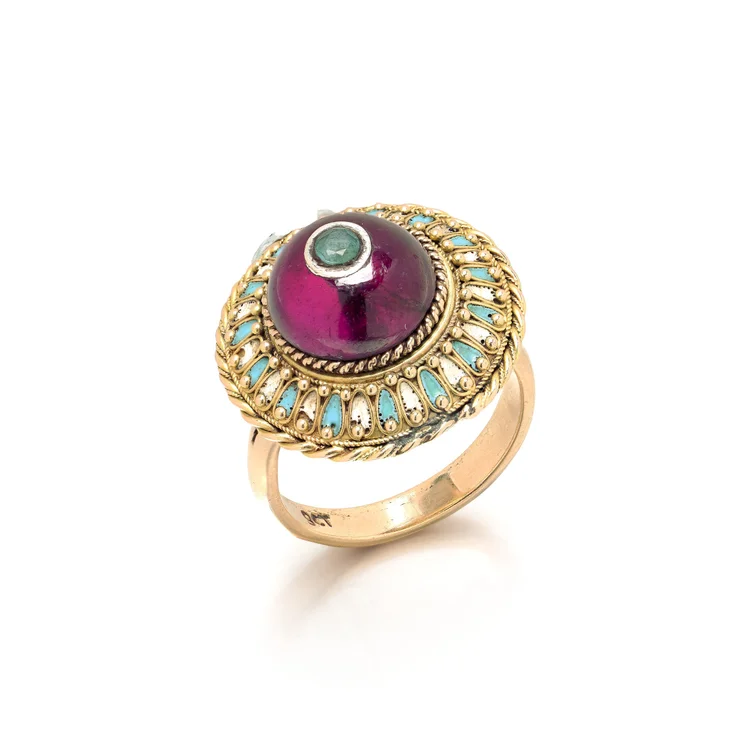 9KT Gold Cabochon Amethyst and Enamel Cluster Ring, Turquoise and White Enamel Petals