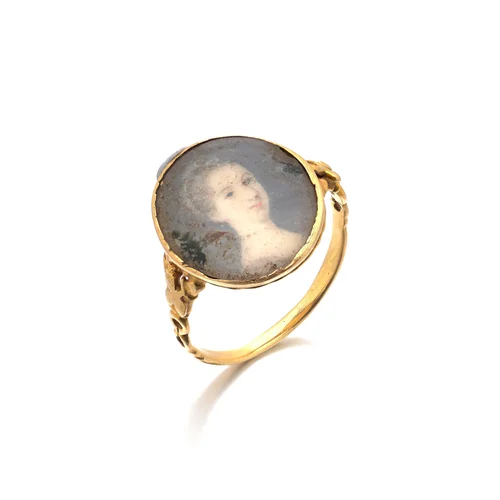 Georgian 18KT Gold Portrait Miniature Ring, Painted Lady Under Glass