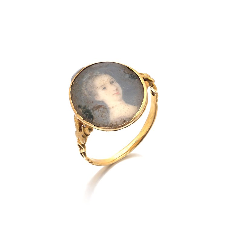 Georgian 18KT Gold Portrait Miniature Ring, Painted Lady Under Glass