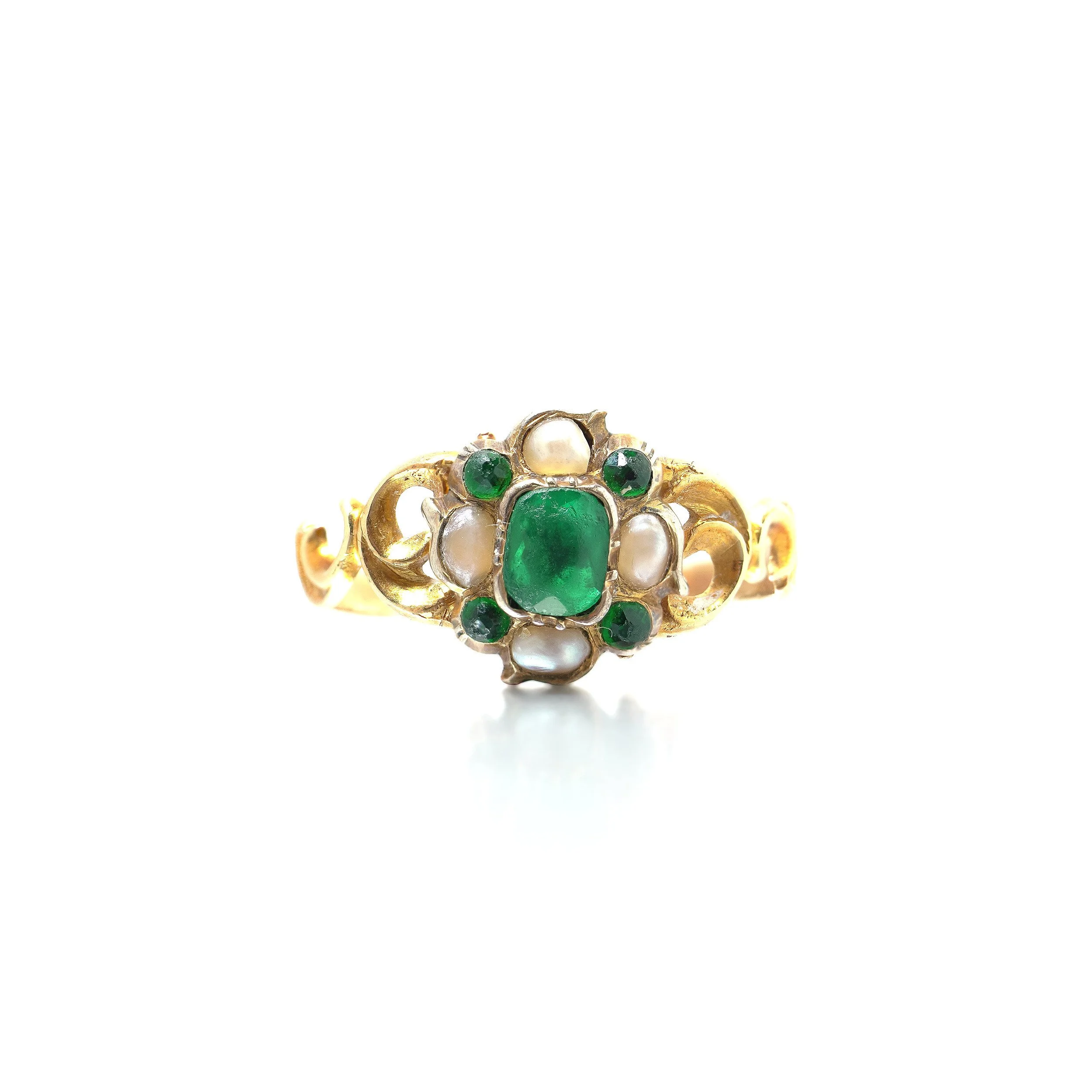 Victorian 18KT Gold Emerald and Pearl Cluster Ring, Pierced Scroll Shoulders