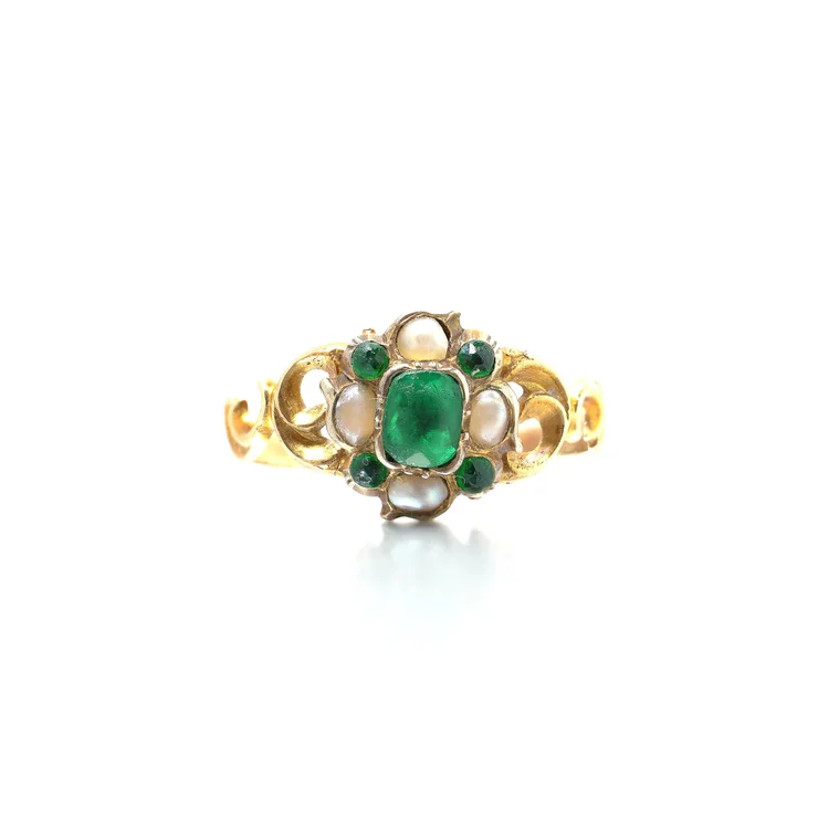 Victorian 18KT Gold Emerald and Pearl Cluster Ring, Pierced Scroll Shoulders