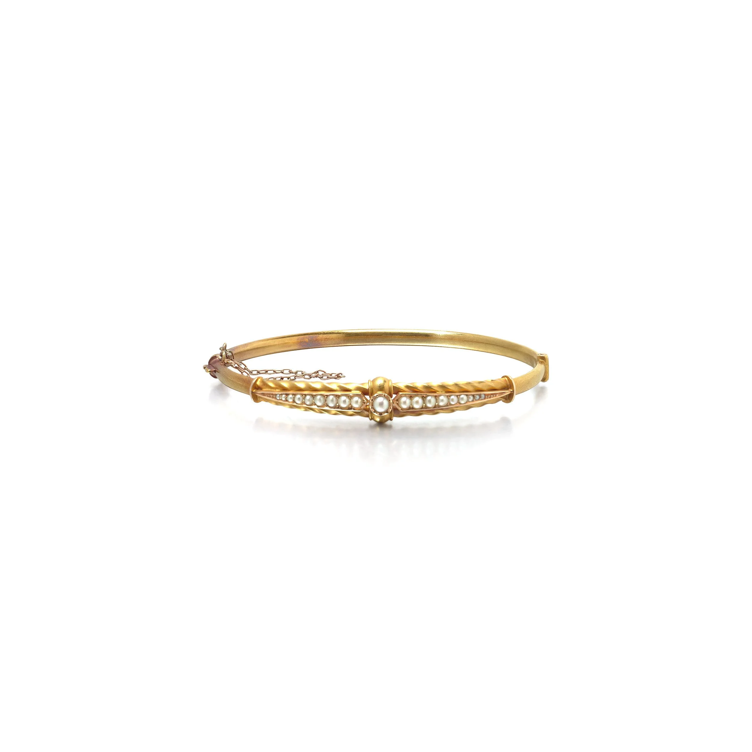 Victorian 15KT Gold Seed Pearl Hinged Bangle, Twisted Rope Panels