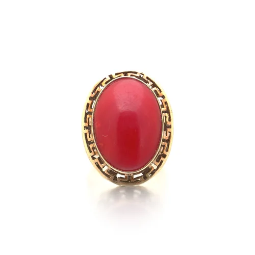 9KT Gold Red Jasper Cabochon Ring, Greek Key Border