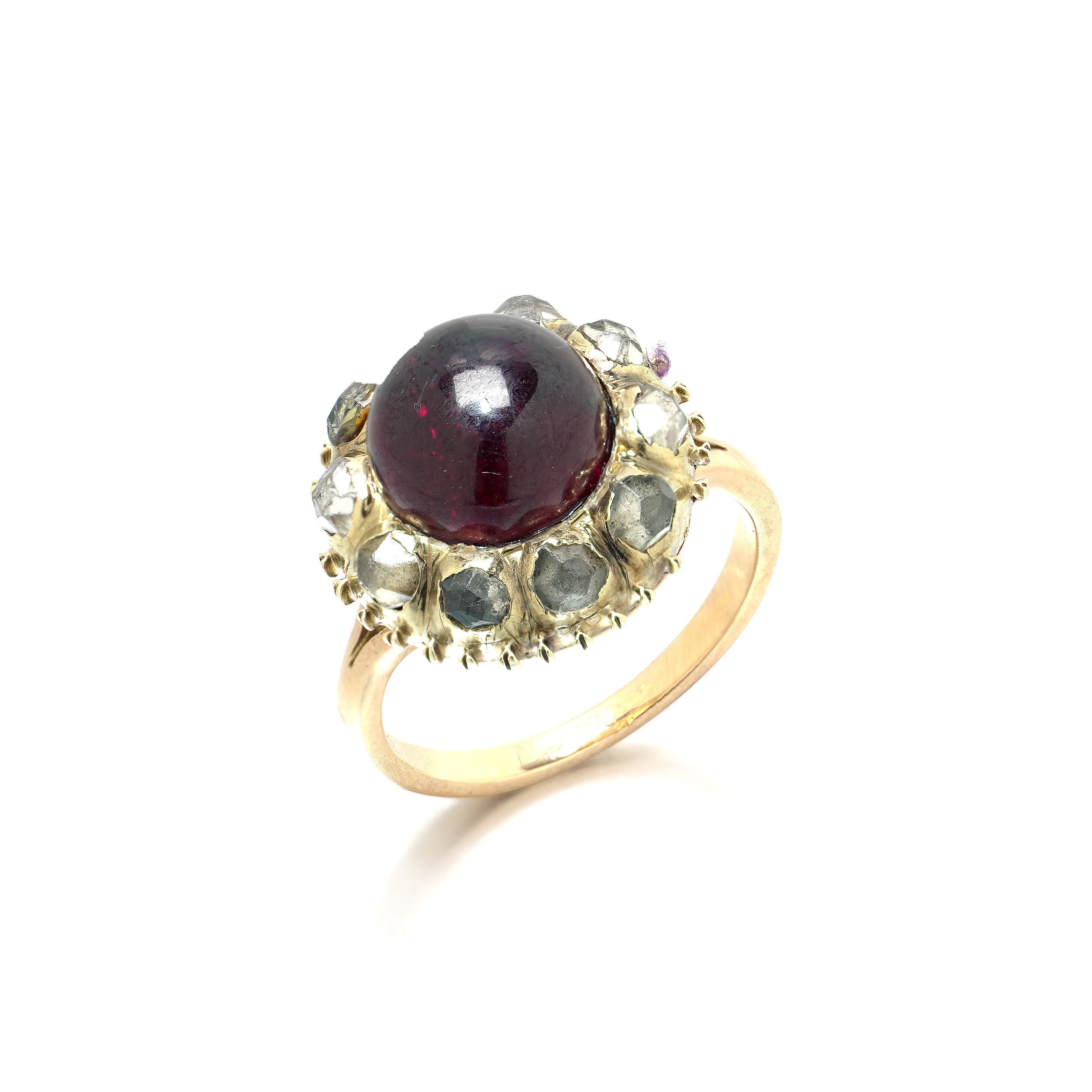 Georgian Gold Cabochon Garnet and Rose Cut Diamond Cluster Ring