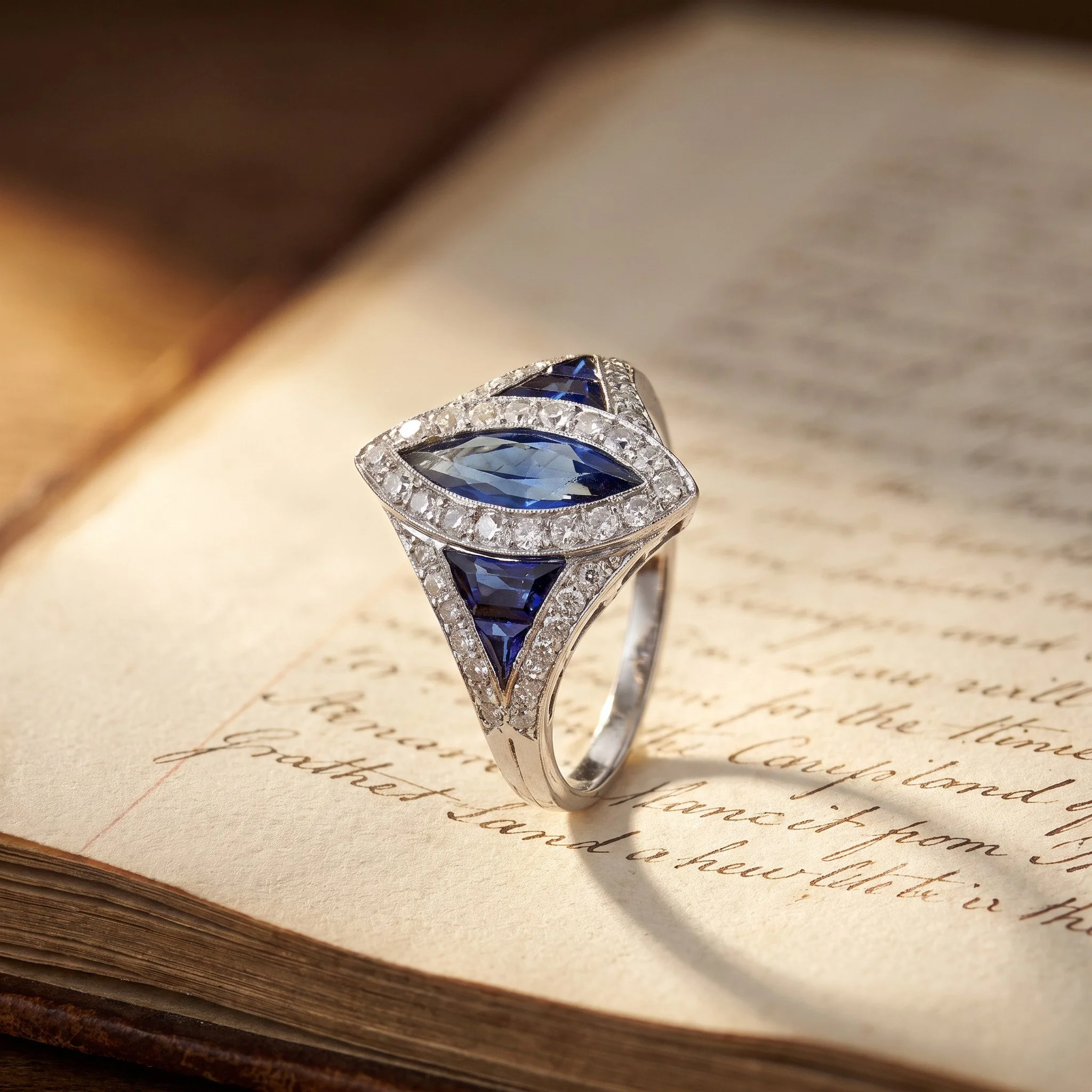 Art Deco platinum marquise sapphire and diamond ring on an antique book