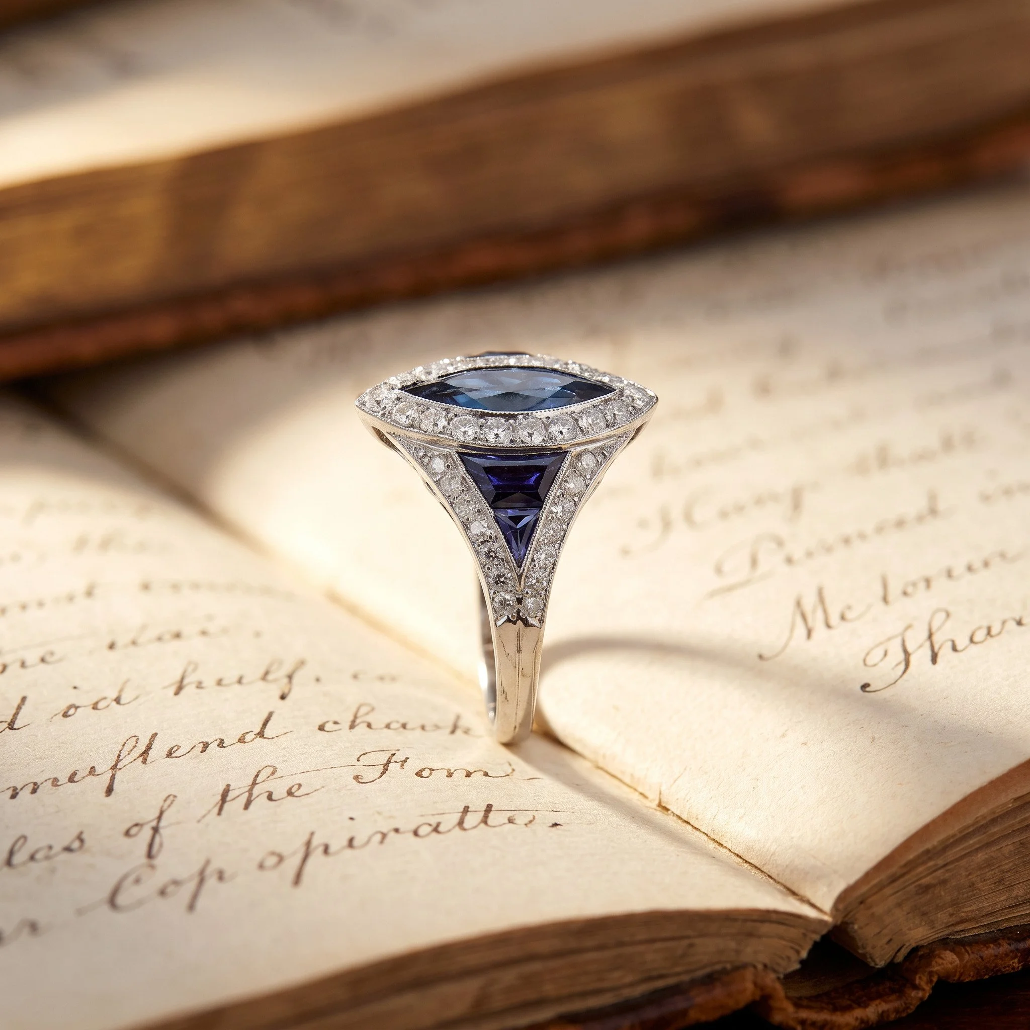 Art Deco platinum marquise sapphire and diamond ring on an antique book