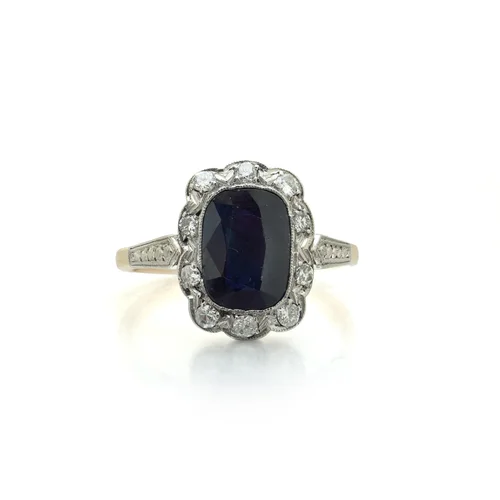 Antique 18KT Gold and Platinum Natural Sapphire and Diamond Cluster Ring, 1.50 ct