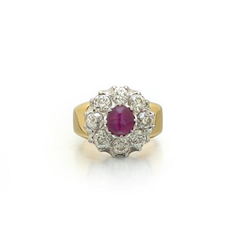 18KT Gold Star Ruby and Diamond Cluster Ring, Signed RJ, 2.40 ct Diamonds