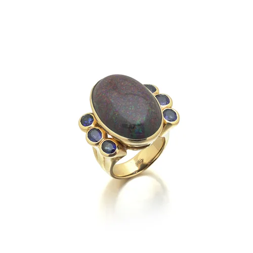 Vintage 1970s 18KT Gold Opal and Sapphire Cocktail Ring