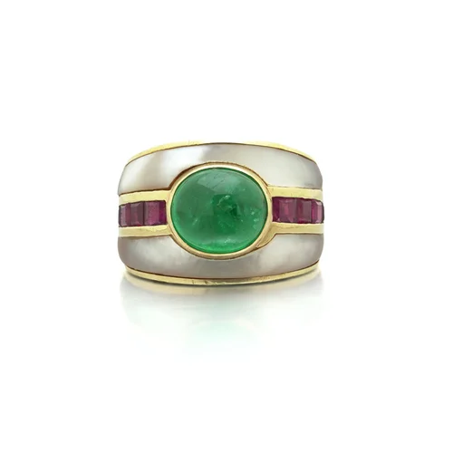 14KT Gold Cabochon Emerald, Ruby and Mother of Pearl Band Ring