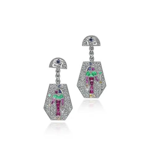 Platinum Egyptian Revival Ruby, Emerald, Sapphire and Diamond Drop Earrings