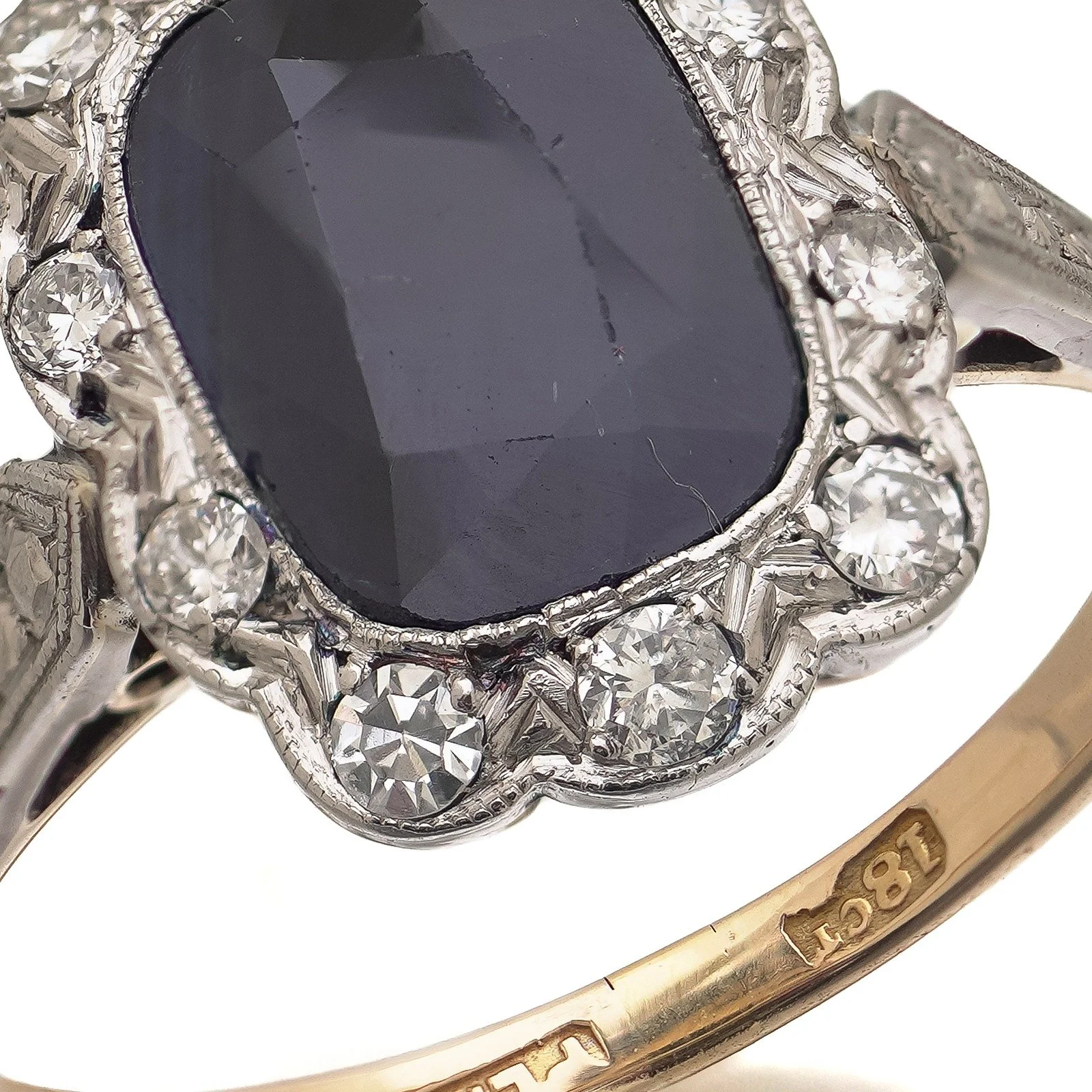 Antique 18KT Gold and Platinum Natural Sapphire and Diamond Cluster Ring, 1.50 ct, close-up 4