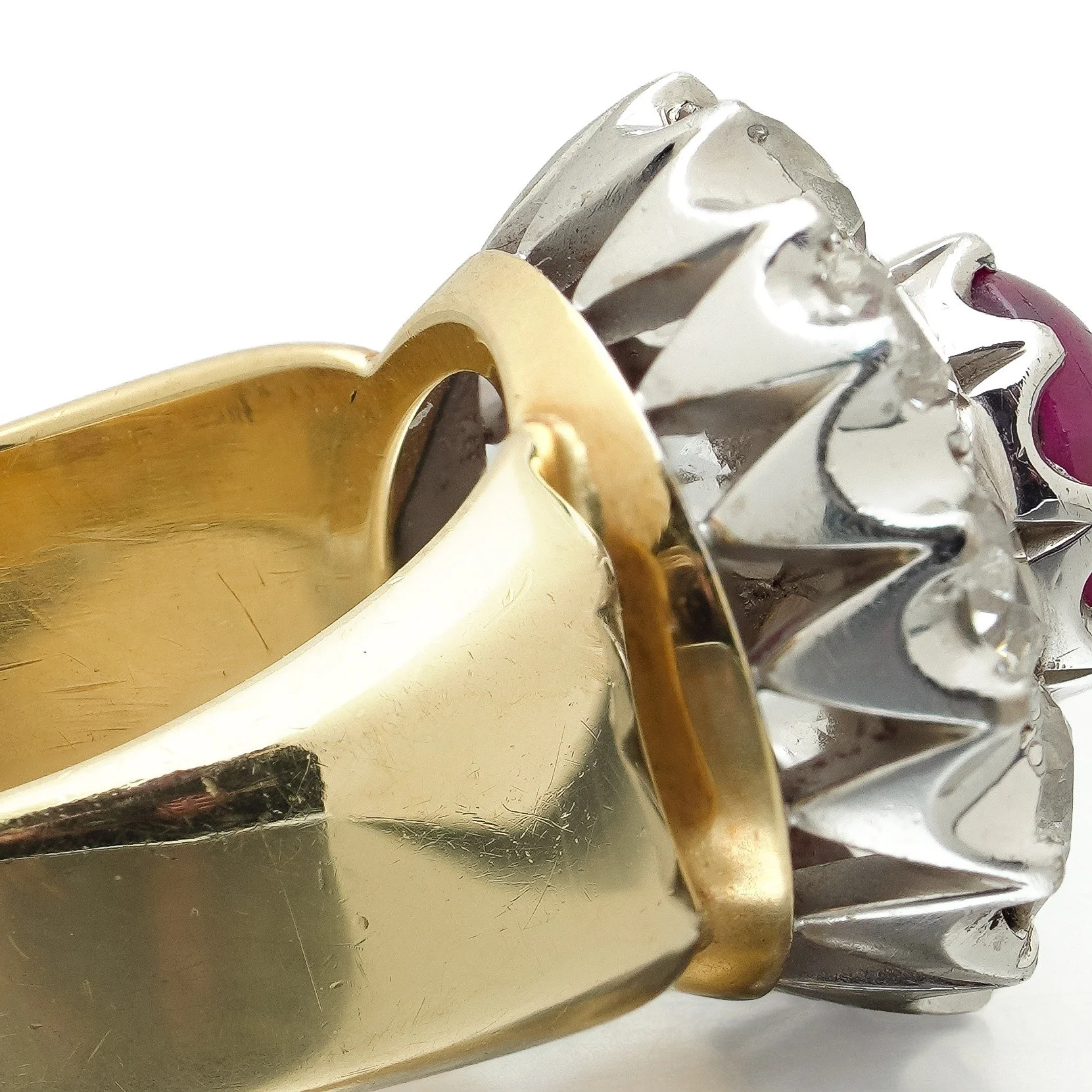 18KT Gold Star Ruby and Diamond Cluster Ring, Signed RJ, 2.40 ct Diamonds, close-up 2