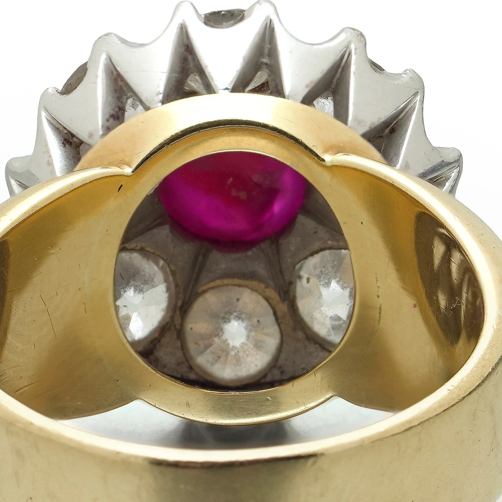 18KT Gold Star Ruby and Diamond Cluster Ring, Signed RJ, 2.40 ct Diamonds, close-up 3