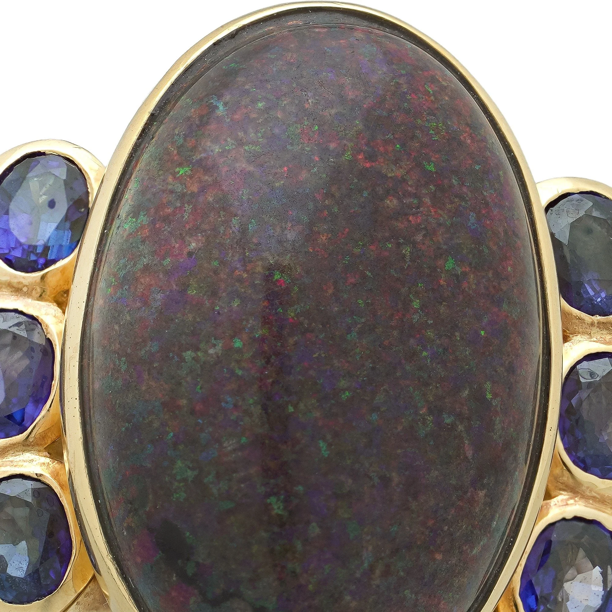 Vintage 1970s 18KT Gold Opal and Sapphire Cocktail Ring, close-up 1
