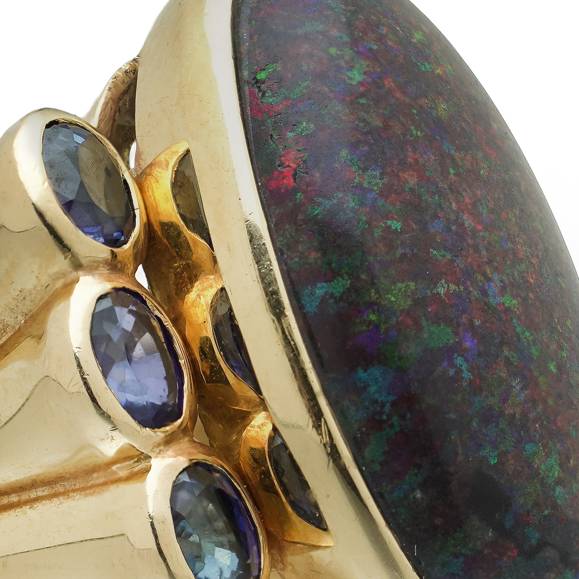 Vintage 1970s 18KT Gold Opal and Sapphire Cocktail Ring, close-up 2