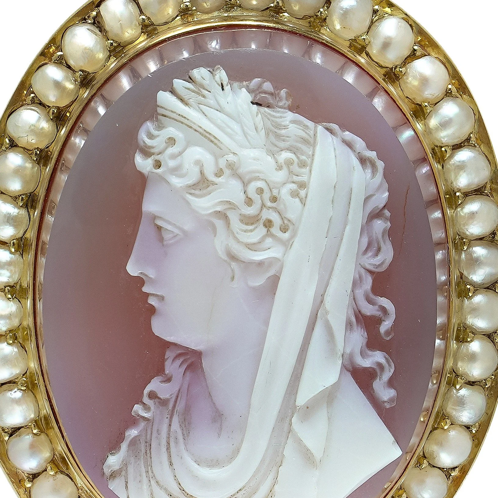 19th Century 20KT Gold Carnelian Cameo and Pearl Pendant Locket, close-up 1