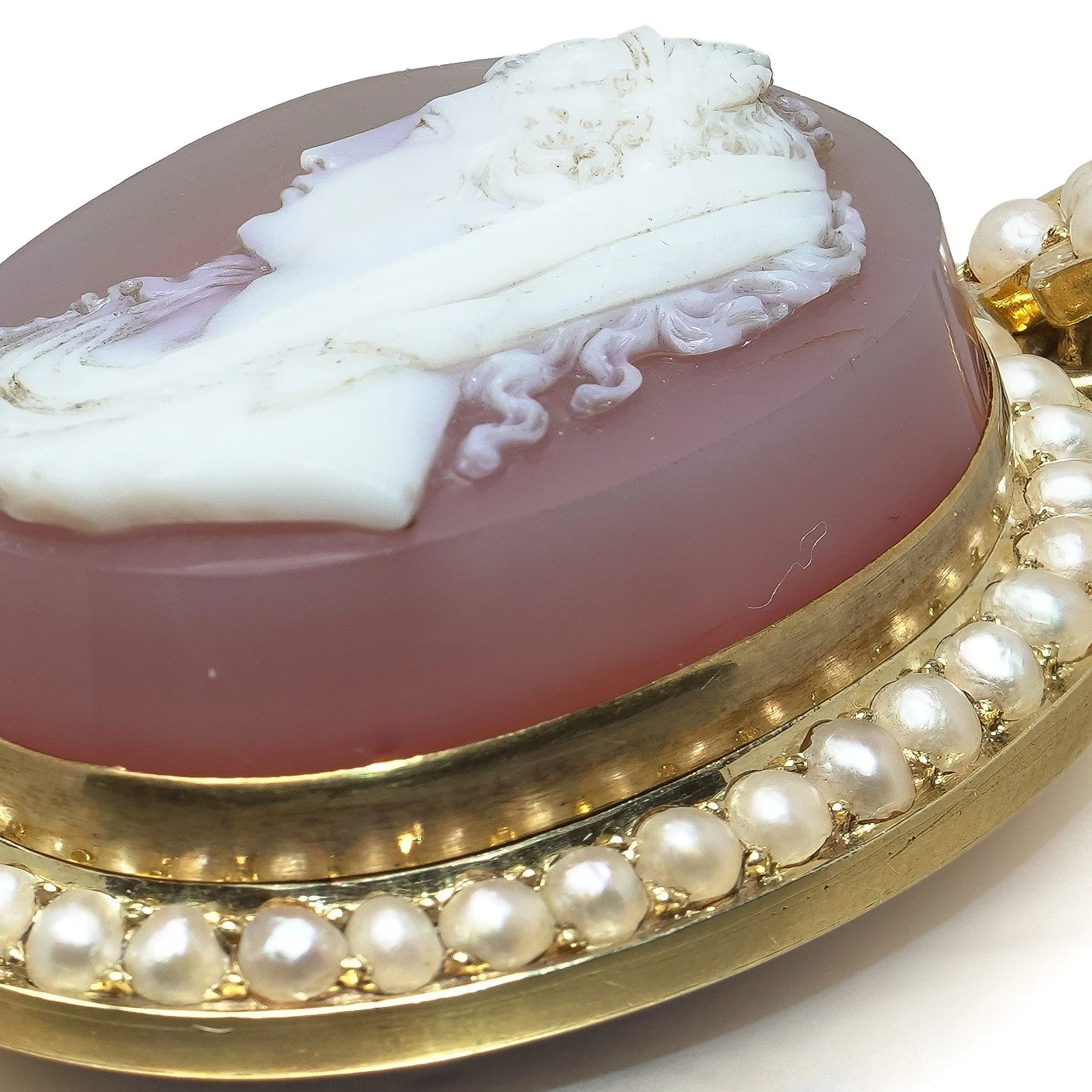 19th Century 20KT Gold Carnelian Cameo and Pearl Pendant Locket, close-up 2