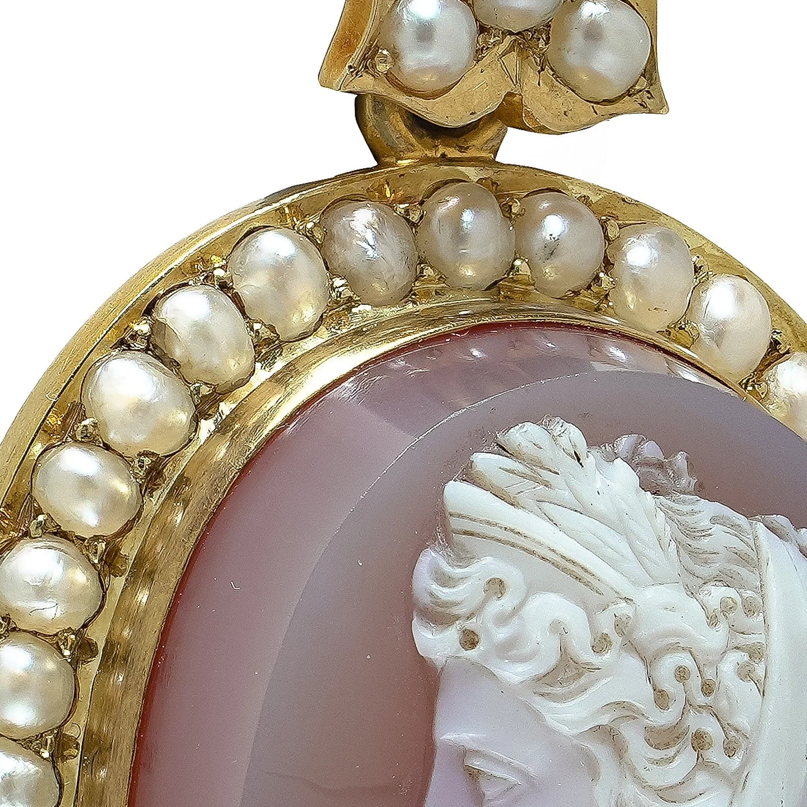 19th Century 20KT Gold Carnelian Cameo and Pearl Pendant Locket, close-up 3