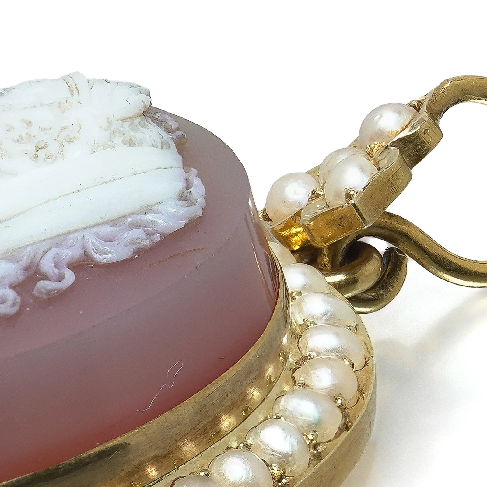 19th Century 20KT Gold Carnelian Cameo and Pearl Pendant Locket, close-up 5