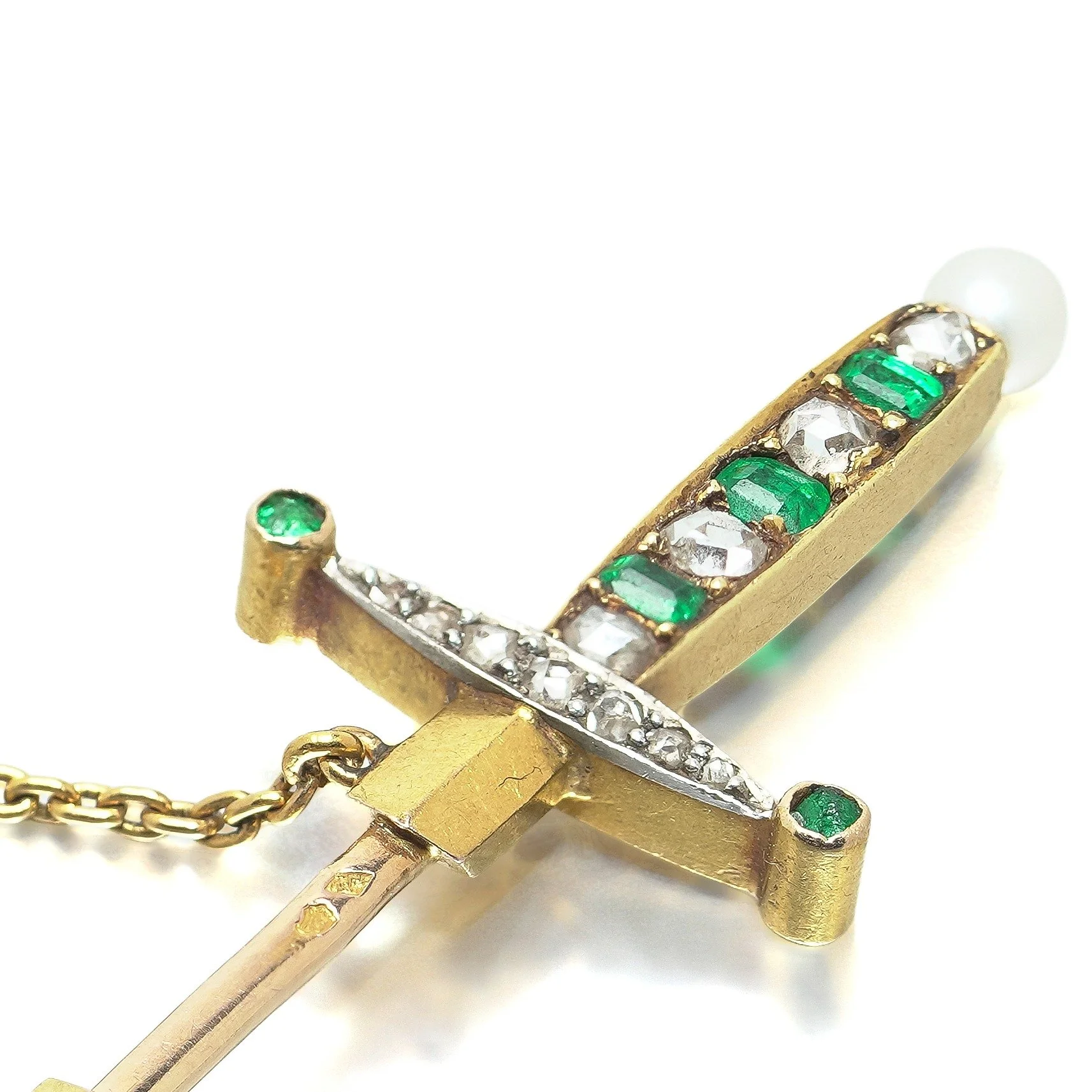 Antique French 18KT Gold Emerald and Rose Cut Diamond Sword Jabot Pin, close-up 1
