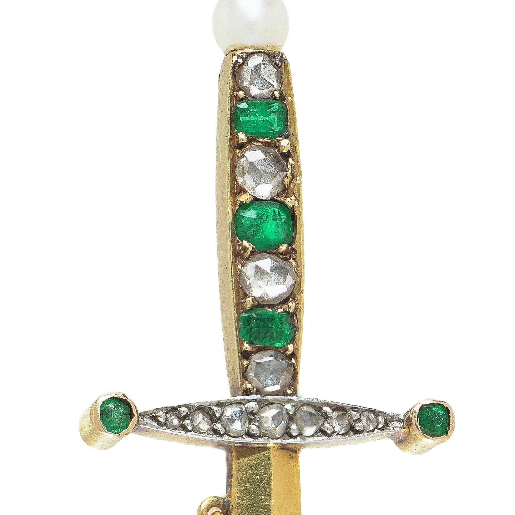 Antique French 18KT Gold Emerald and Rose Cut Diamond Sword Jabot Pin, close-up 2