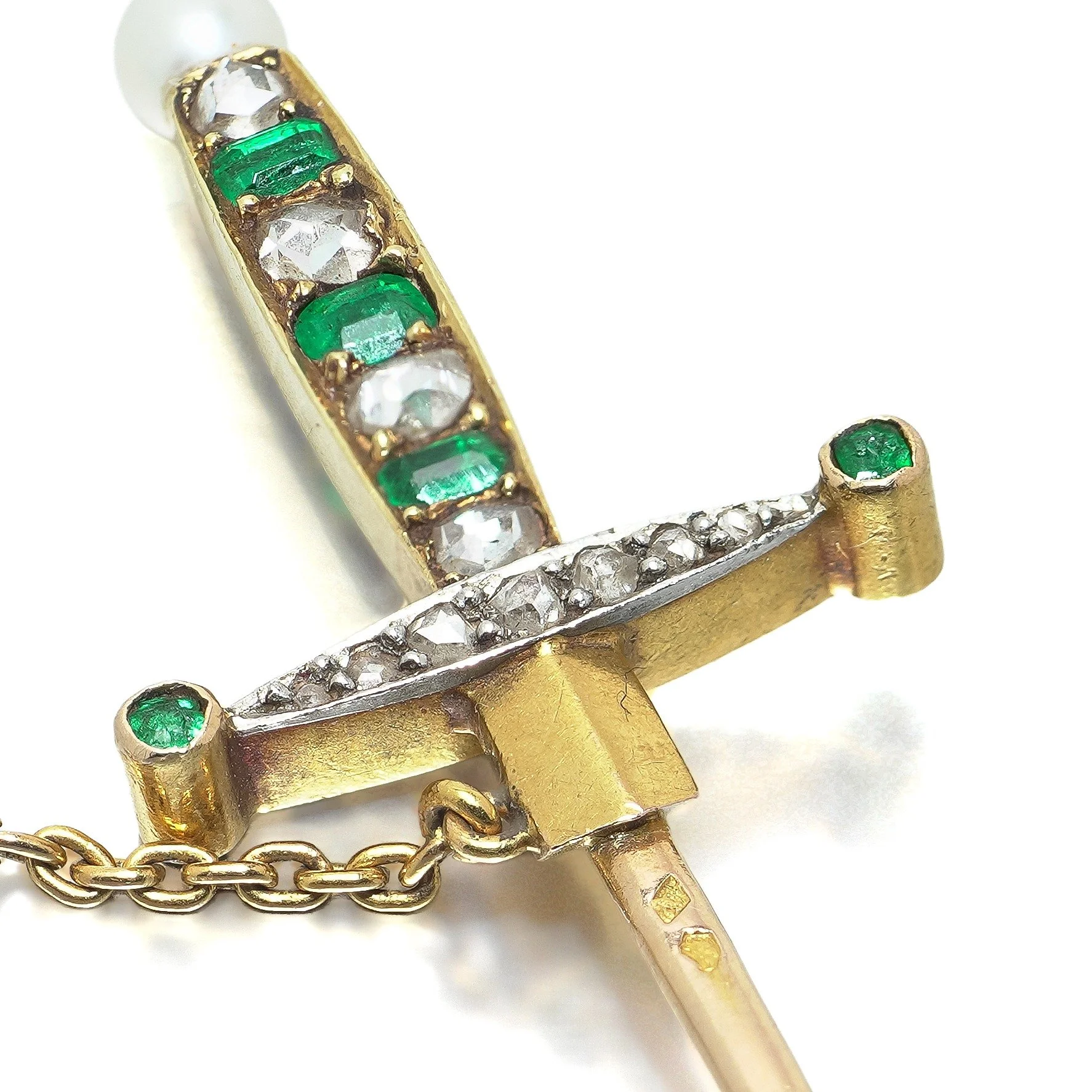 Antique French 18KT Gold Emerald and Rose Cut Diamond Sword Jabot Pin, close-up 3