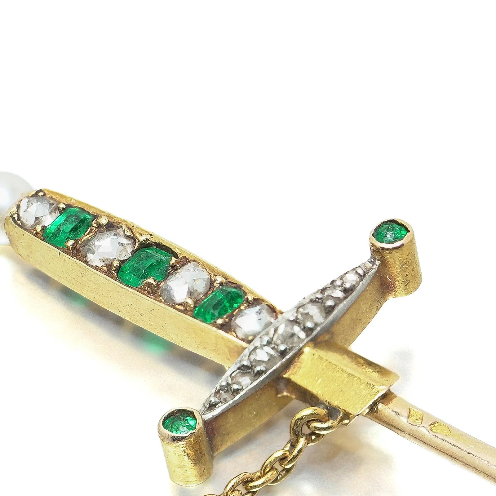 Antique French 18KT Gold Emerald and Rose Cut Diamond Sword Jabot Pin, close-up 4