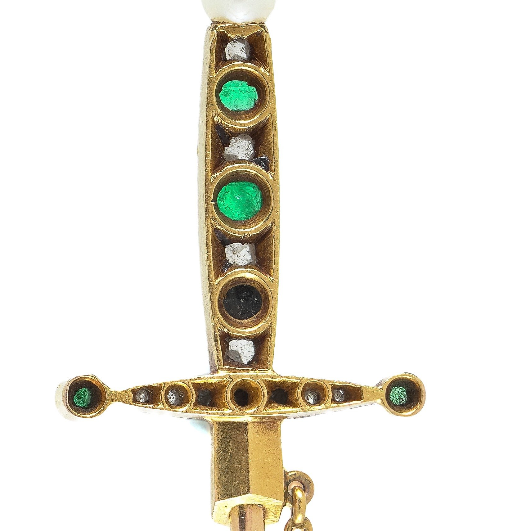 Antique French 18KT Gold Emerald and Rose Cut Diamond Sword Jabot Pin, close-up 5