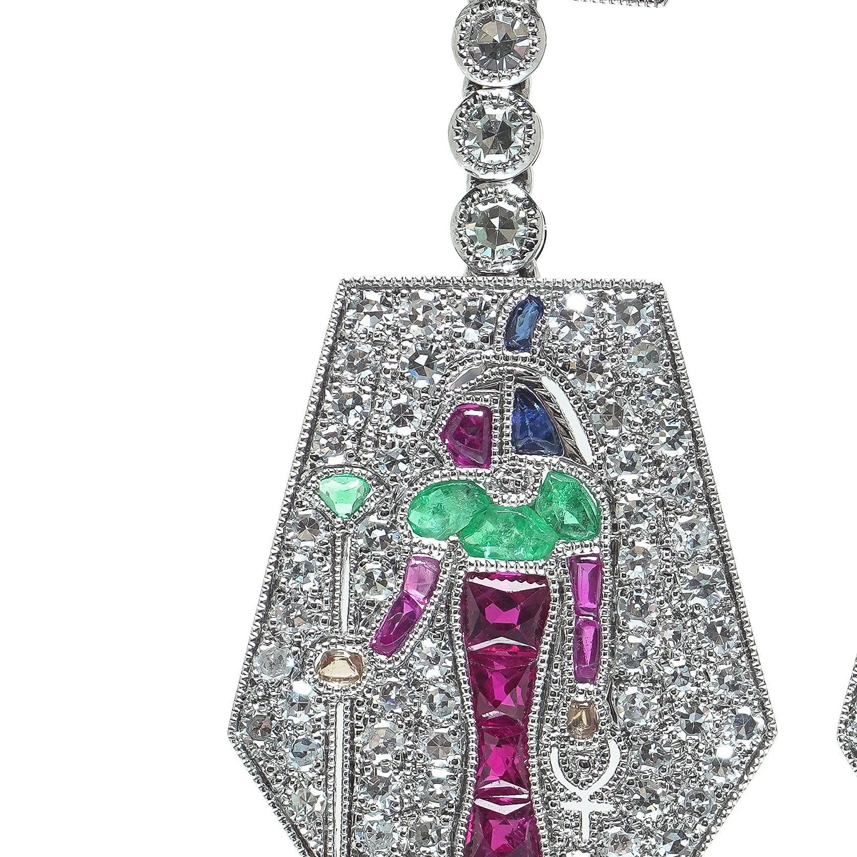 Platinum Egyptian Revival Ruby, Emerald, Sapphire and Diamond Drop Earrings, close-up 1