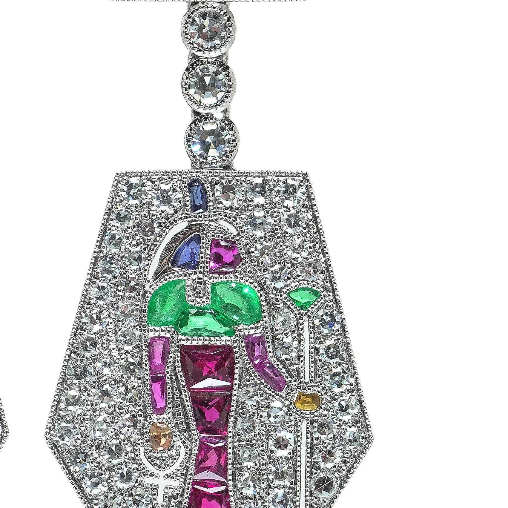 Platinum Egyptian Revival Ruby, Emerald, Sapphire and Diamond Drop Earrings, close-up 2