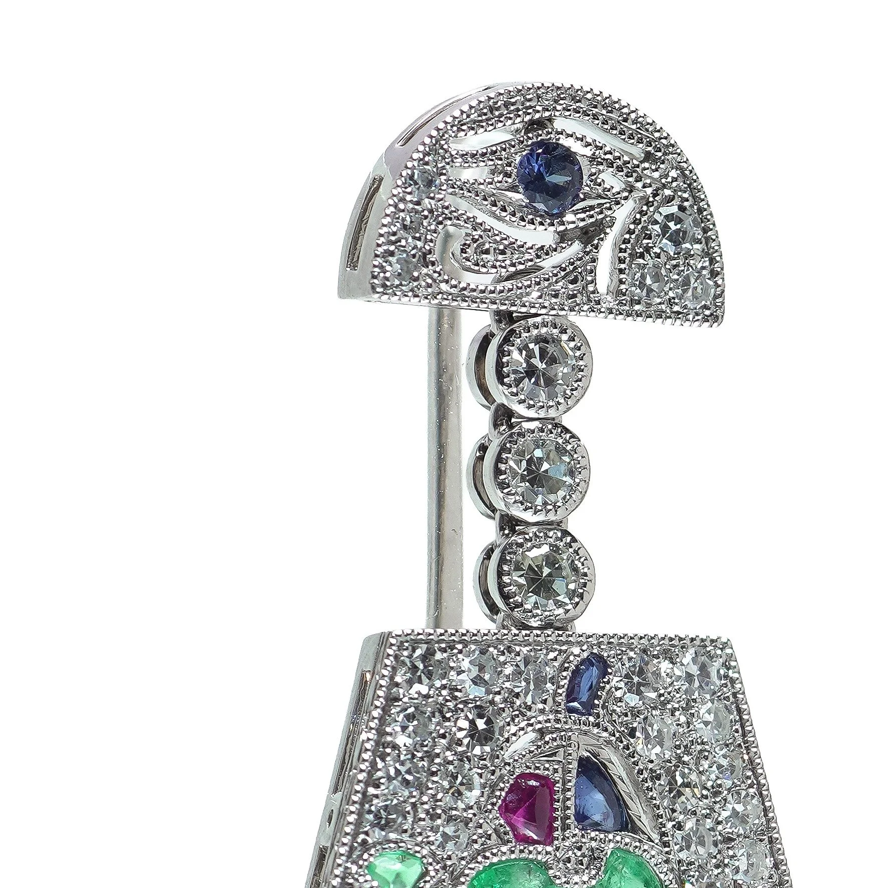 Platinum Egyptian Revival Ruby, Emerald, Sapphire and Diamond Drop Earrings, close-up 3