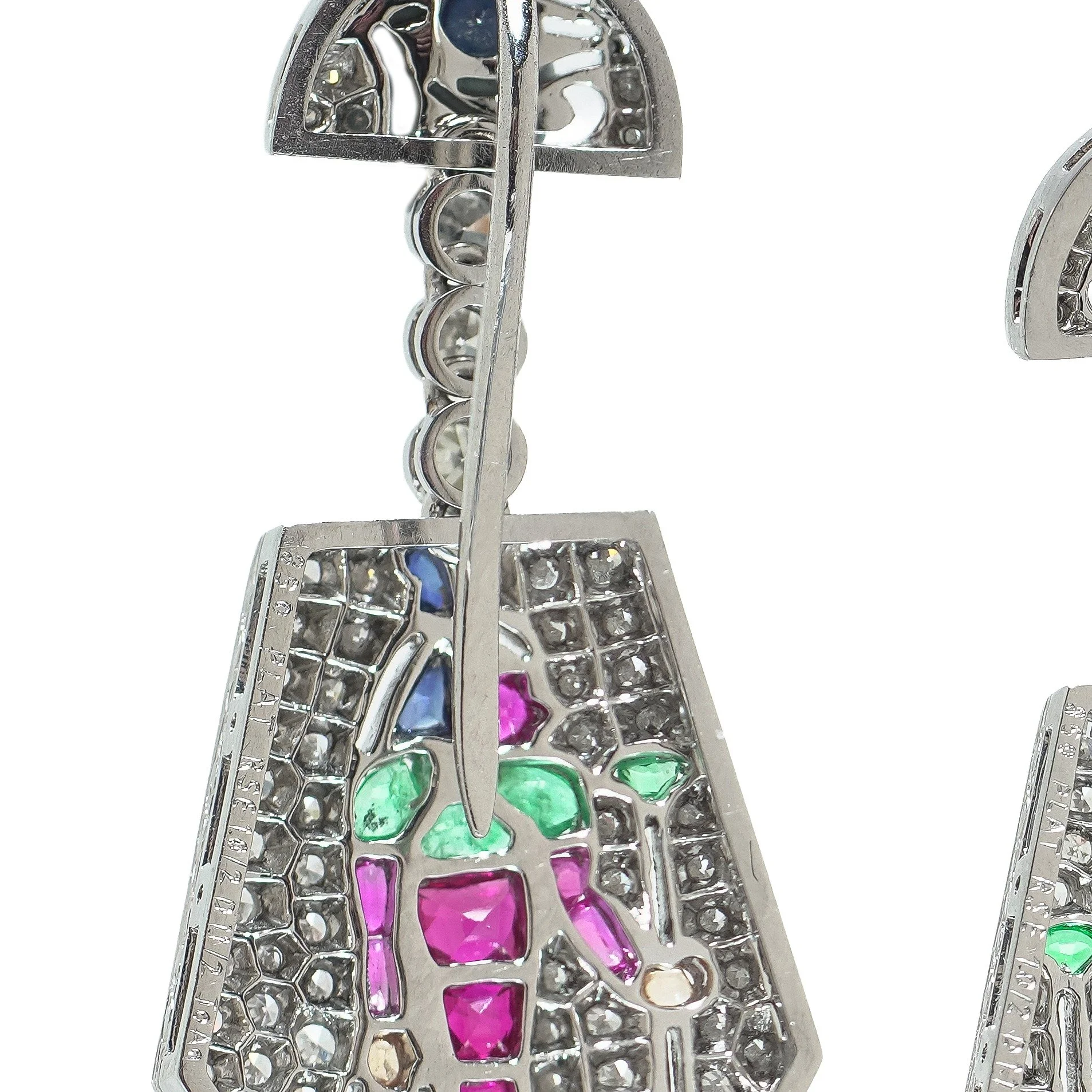 Platinum Egyptian Revival Ruby, Emerald, Sapphire and Diamond Drop Earrings, close-up 4