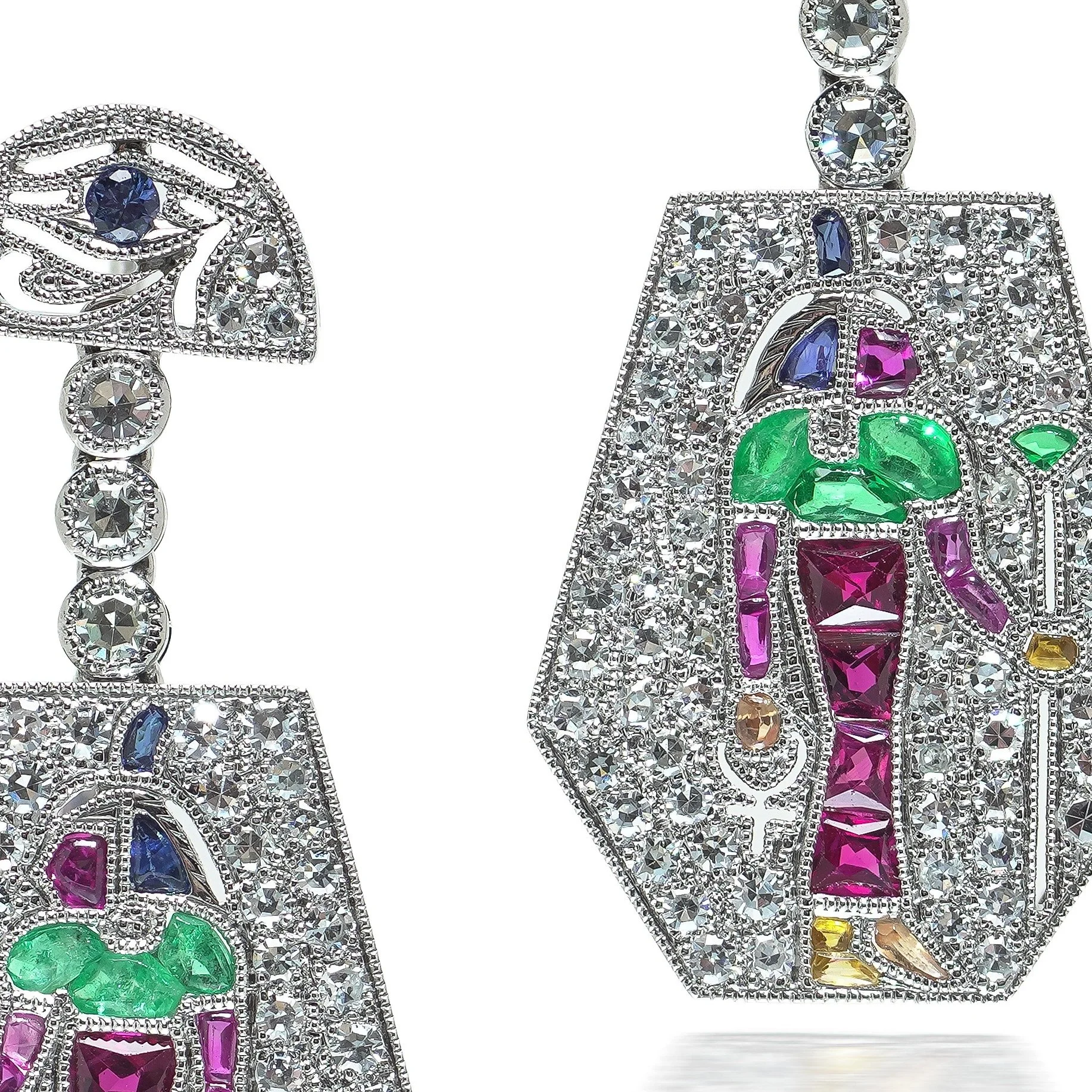 Platinum Egyptian Revival Ruby, Emerald, Sapphire and Diamond Drop Earrings, close-up 5