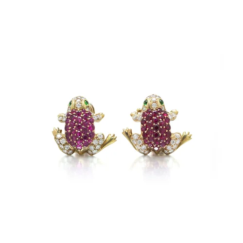 18KT Gold Ruby, Diamond and Emerald Frog Clip Earrings