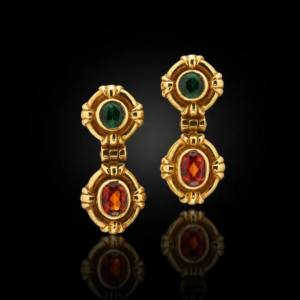 Theo Fennell 18KT Gold Green Tourmaline and Garnet Drop Earrings
