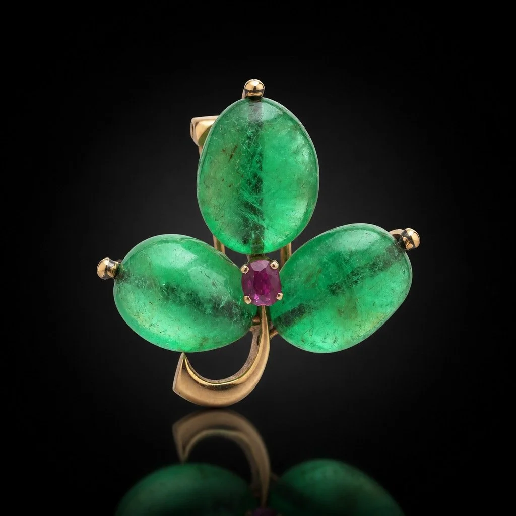 Antique 18KT Gold Cabochon Emerald and Ruby Three-Leaf Clover Brooch