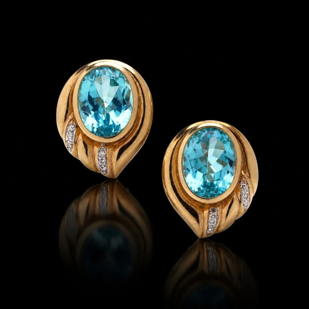 14KT Gold Vintage Blue Topaz and Diamond Clip-On Earrings, 20 cts Topaz & 0.24