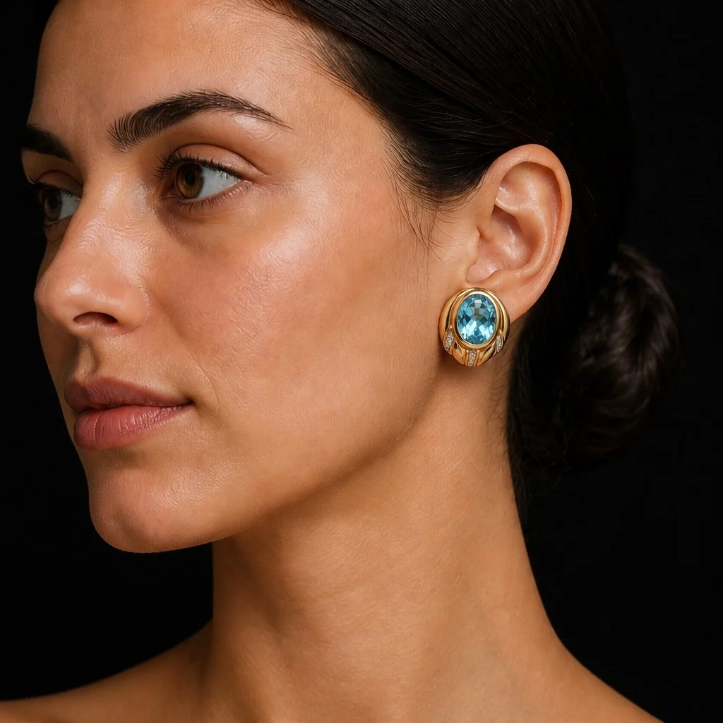14KT Gold Vintage Blue Topaz and Diamond Clip-On Earrings, 20 cts Topaz & 0.24, worn