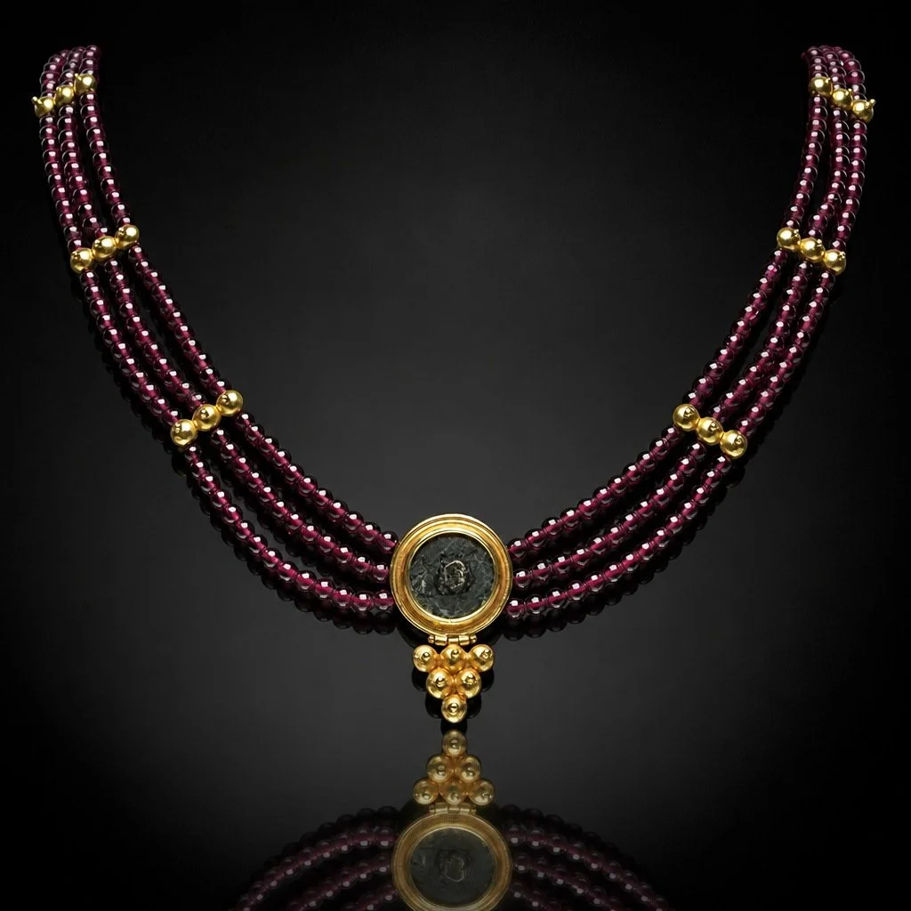 Ancient Roman Coin, Ruby & 20KT Gold Multi Strand Necklace
