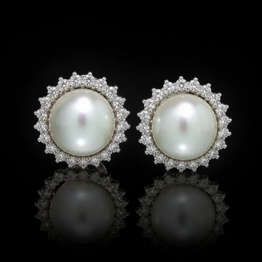 SOLD - Vintage 14KT White Gold South Sea Pearl and Diamond Clip-On Earrings