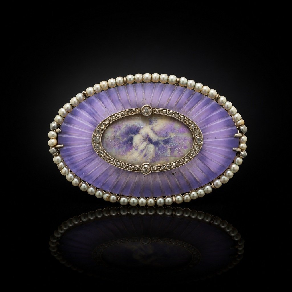 Antique 9KT Gold Enamel Miniature, Pearl and Diamond Brooch, H. N. v. Santen, Boxed