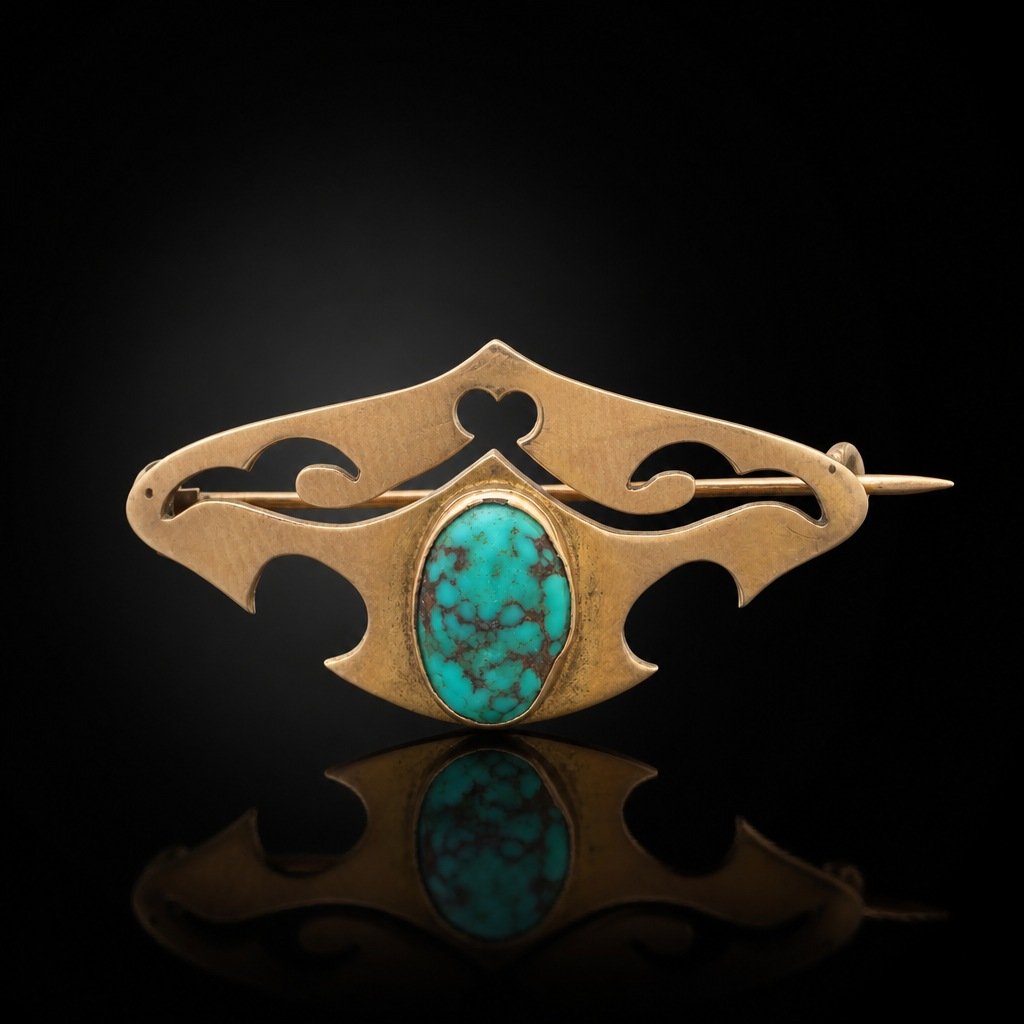 Victorian Turquoise Brooch, 9KT Gold Openwork Scroll Bar
