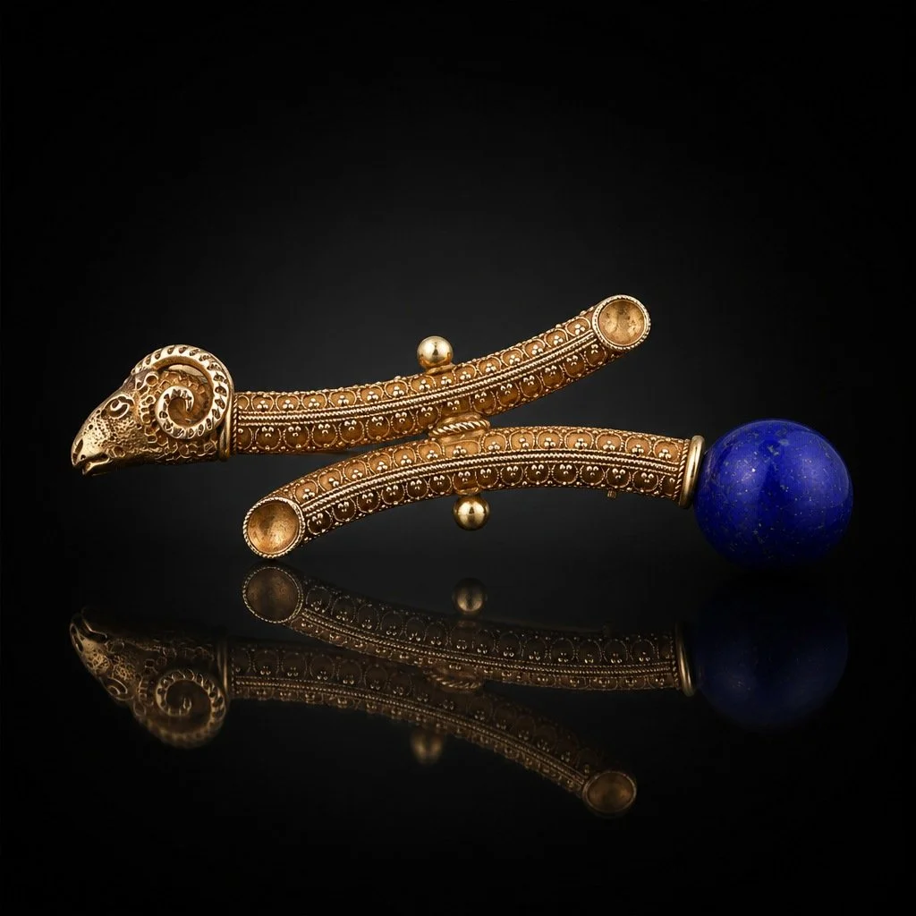 Victorian 18KT Gold Ram’s Head Lapis Lazuli Brooch